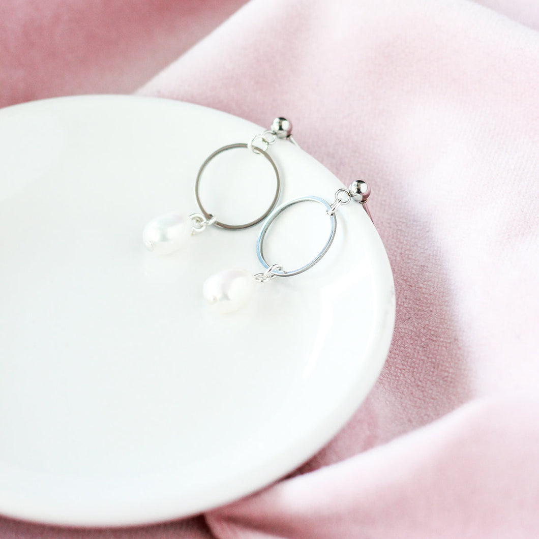 Organic Pearl Hoop Earrings -  Silver
